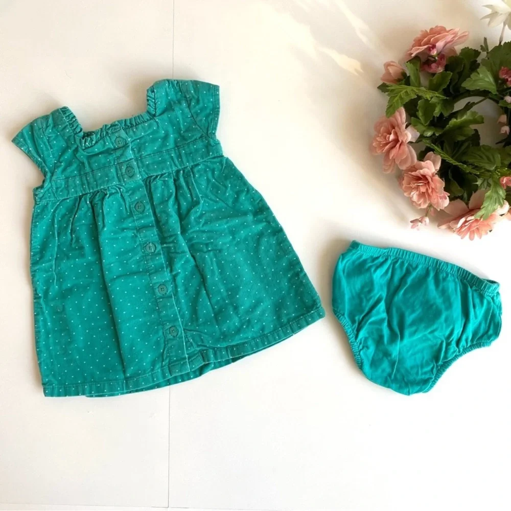 Cherokee Green Dots Print Corduroy Baby Girl Dress 2pcs Matching Set